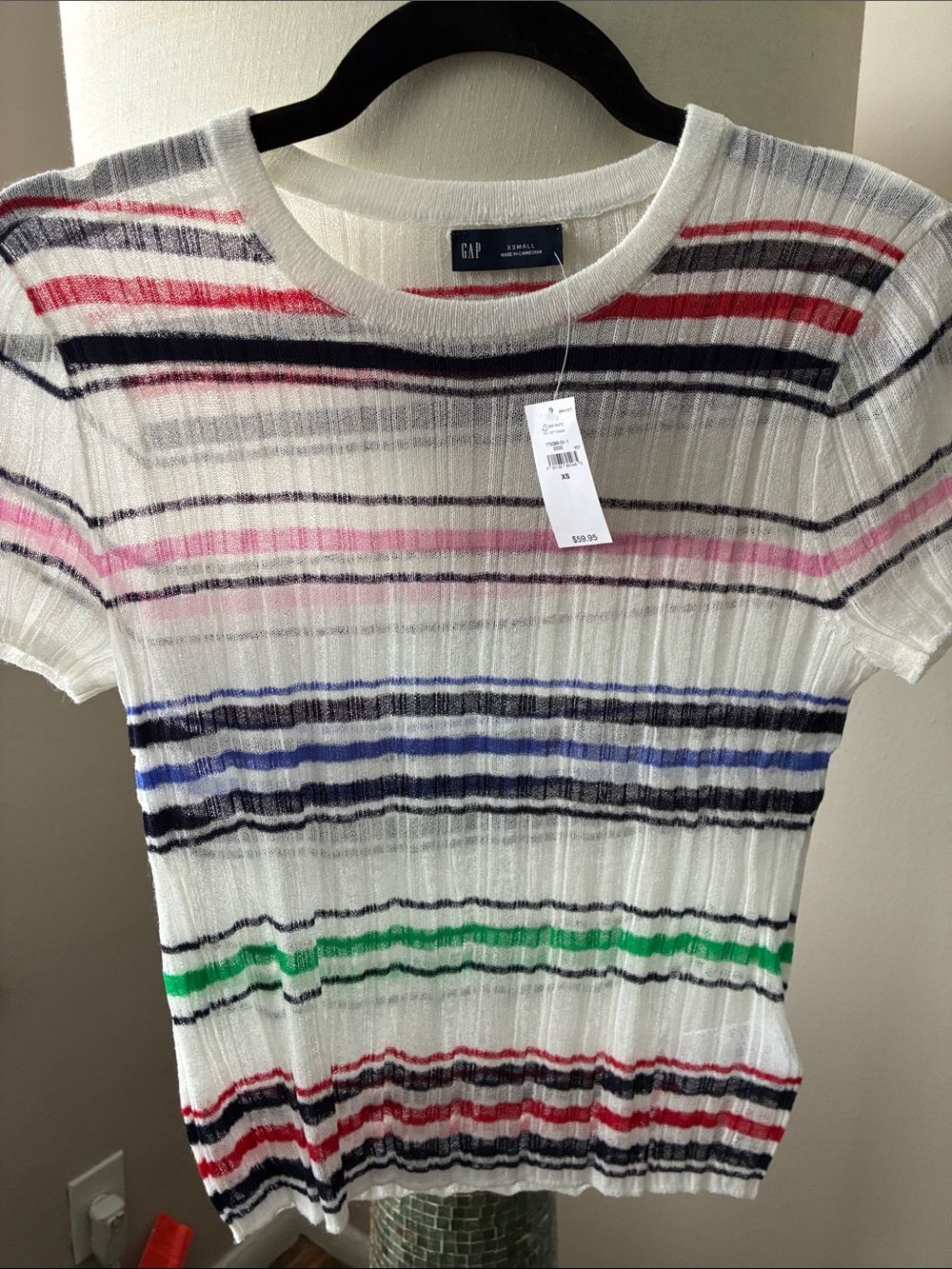 GAP White Short Sleeve Ribbed Tee with Multicolor Stripes